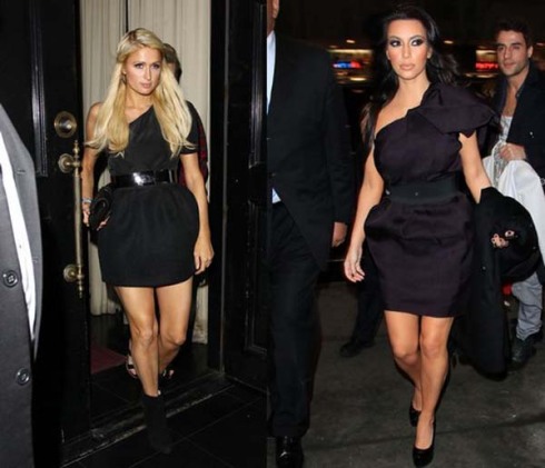 كيم سحبت البساط منها فقامت تفختها(صدمة2011)  Two-stars-look-paris-hilton-kim-kardashian-shoulder-dress